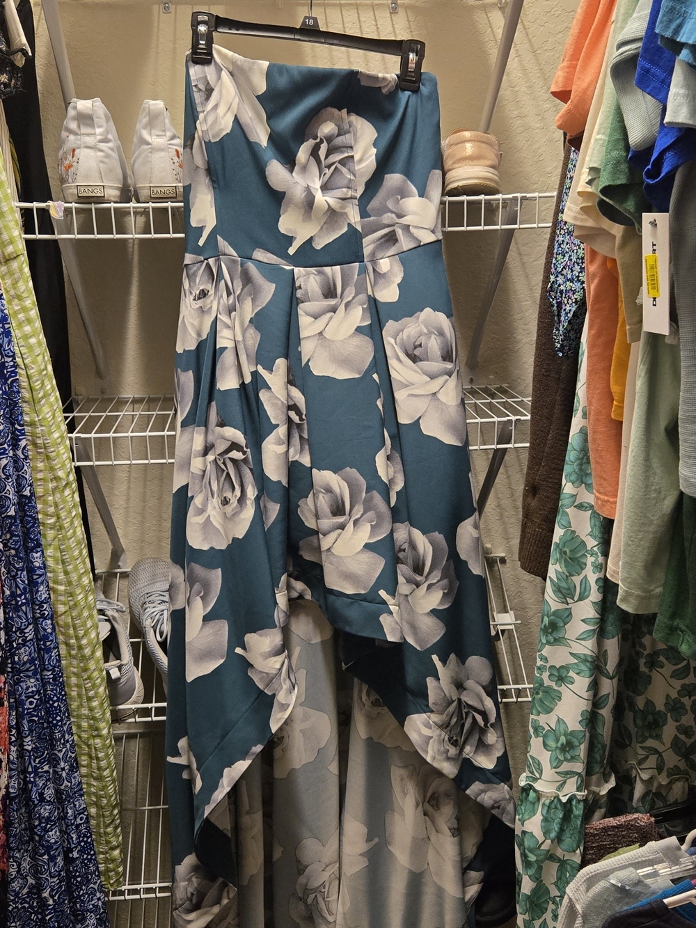 Teal Floral Maxi Formal Dress with White Rose Print